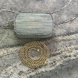 CHANEL Silver Metallic Mini Crossbody Bag with Gold Chain